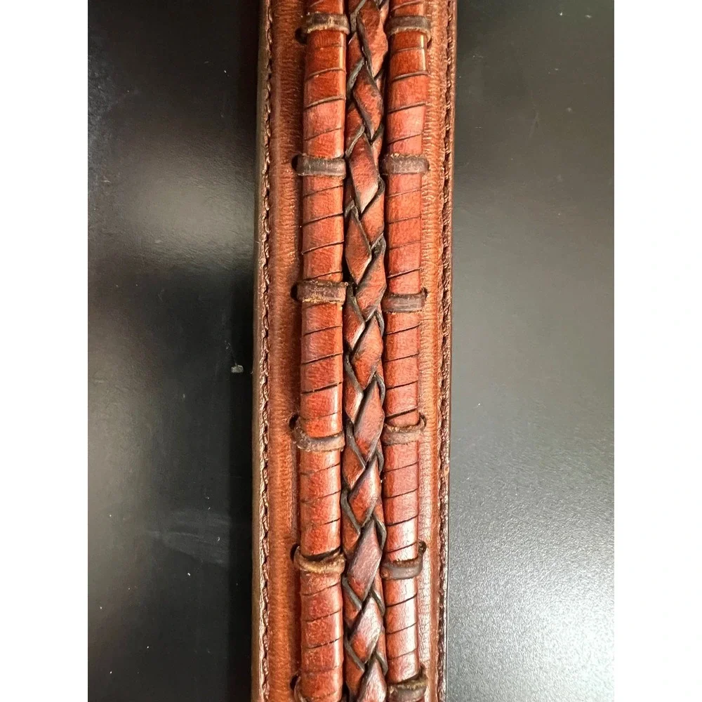 Vintage Western Brown Leather Braided Belt Silver Engraved Buckle‎ Tip Boho 40